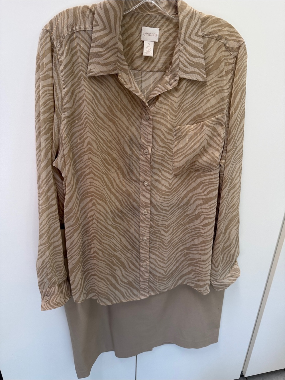 Chico's Beige & Gold Metallic Striped Zebra-Print Button-Down Shirt Sheer L XL 2